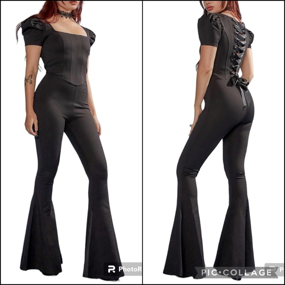 DK Widow Black Corset Lace-up Bell Bottom Jumpsuit Catsuit Romper Playsuit - Picture 2 of 9
